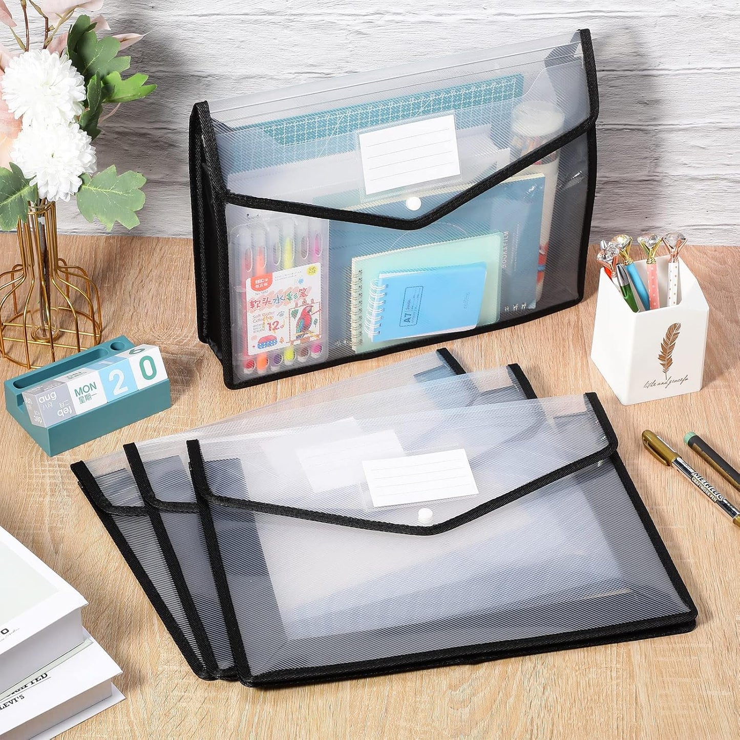 10 Pieces Plastic File Folders Envelope Expanding File Wallet Organizer Documents Folder with Snap Closure and Pocket, A4 Size Waterproof Transparent Pouch(White,Horizontal)