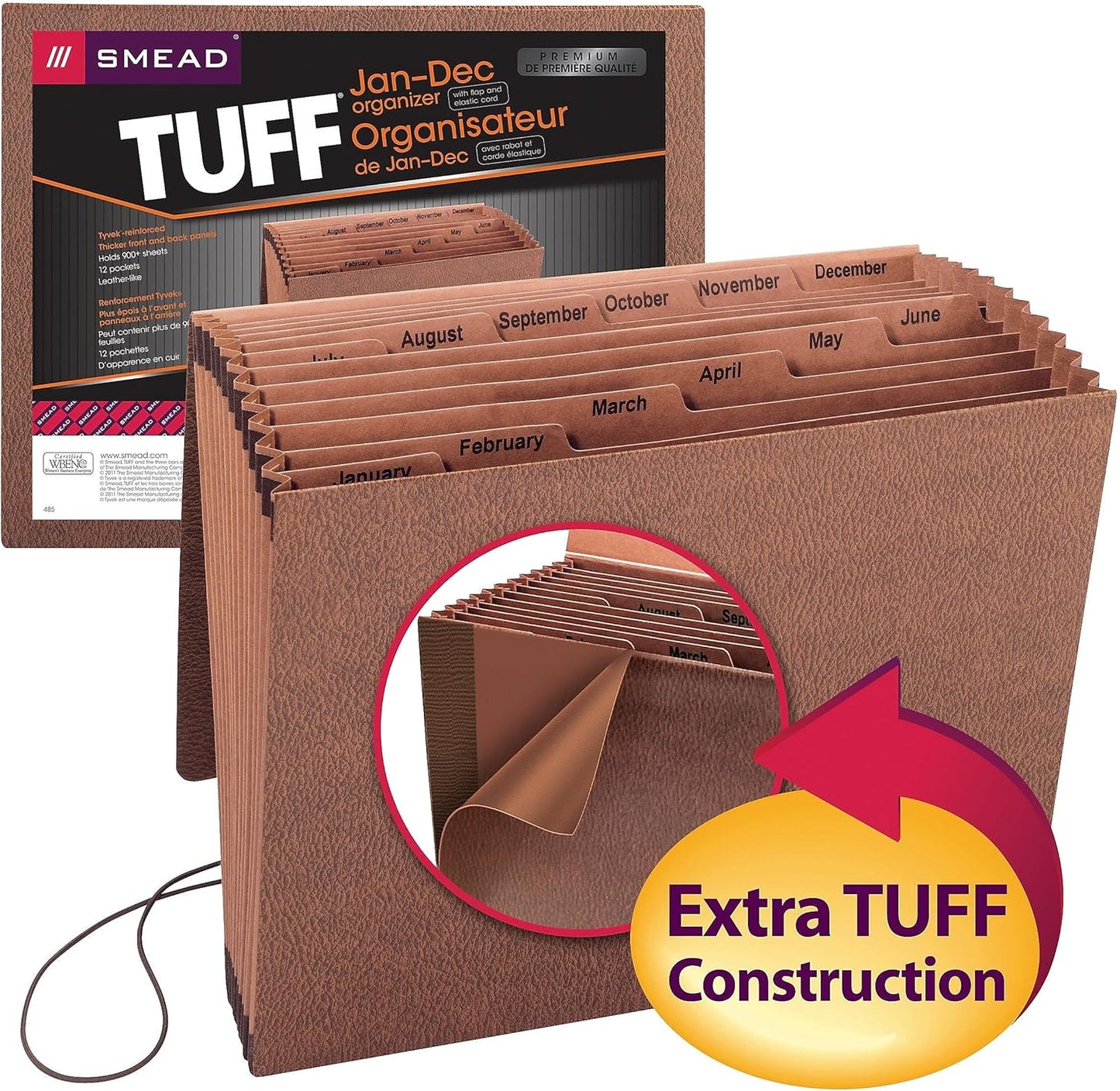 Smead TUFF Expanding File 21 Pockets, Alphabetic (A-Z), Flap and Cord Closure, Letter Size, Redrope (70318)