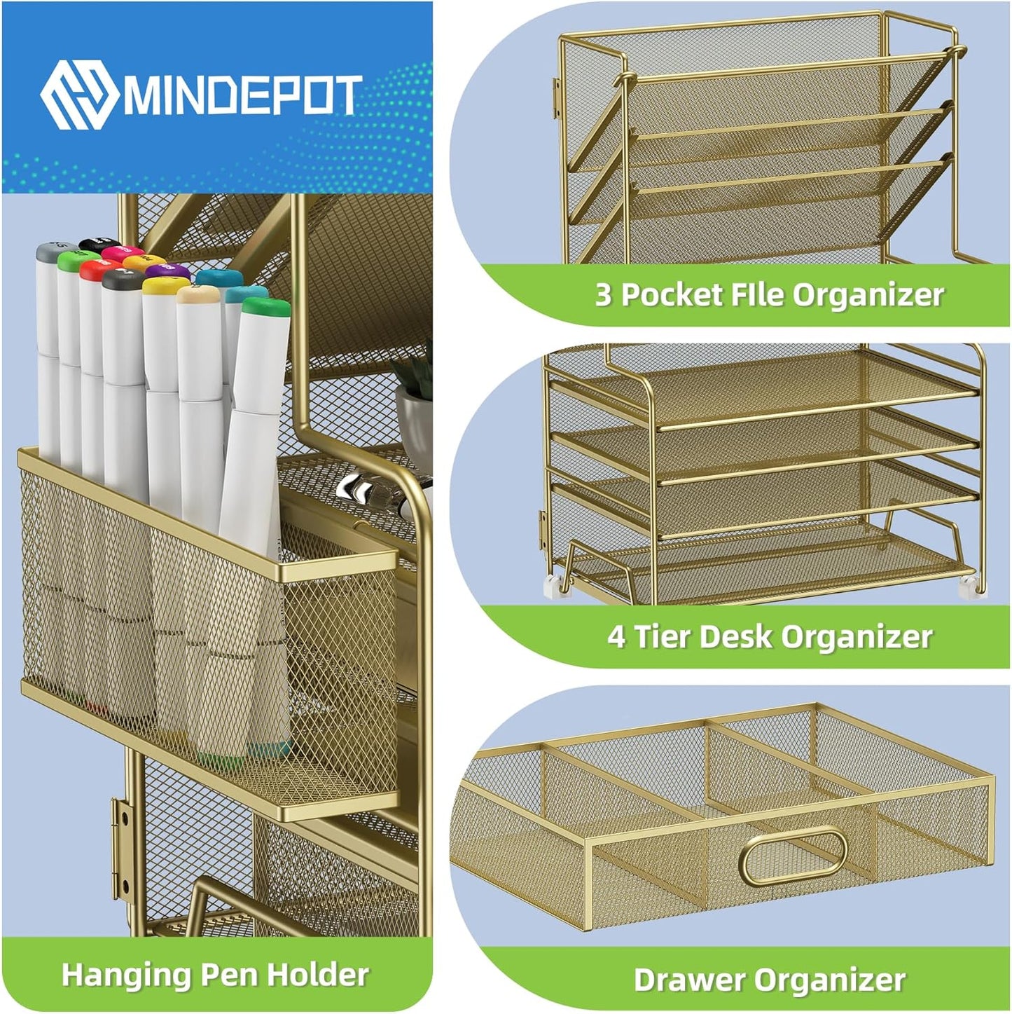 MINDEPOT 4-Tier Paper Organizer + 3-Pocket File Holder + Drawer + Pen Holders, Desktop File Organizers Paper Tray for Office Supplies School Classroom Organization (Black, No Drawer & Pen Holder)