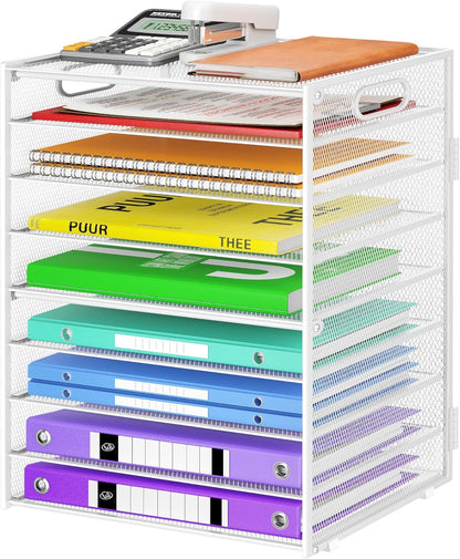 Cawukege 9 Tier Paper Organizer with Handle, Black Large Capacity Desk Organizer Mesh File Folder Letter Paper Tray Desktop Document Sorter for Classroom, School, and Office Accessories Organization