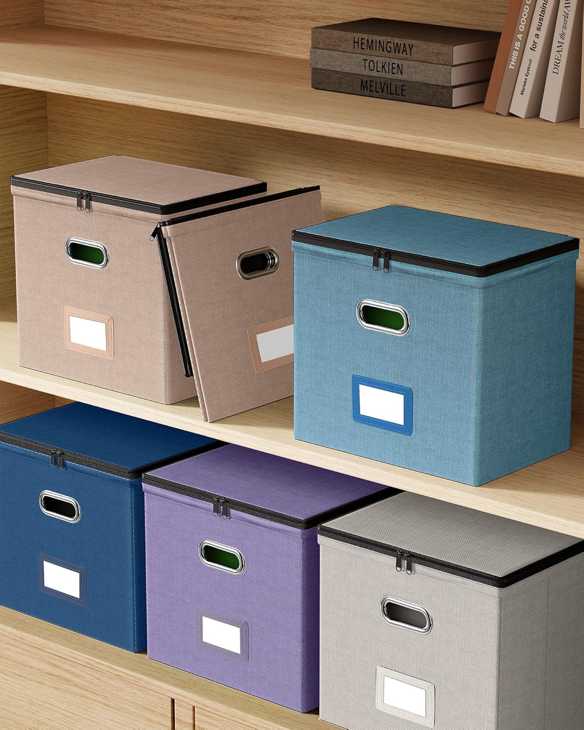 Oterri 2 Pack File Organizer Boxes with Lids, File Box with Mesh Pockets, Document Organizer Box for File Folders Letter Size, Zippers Filing Box for Home, Office, School (Green, Without Folders)