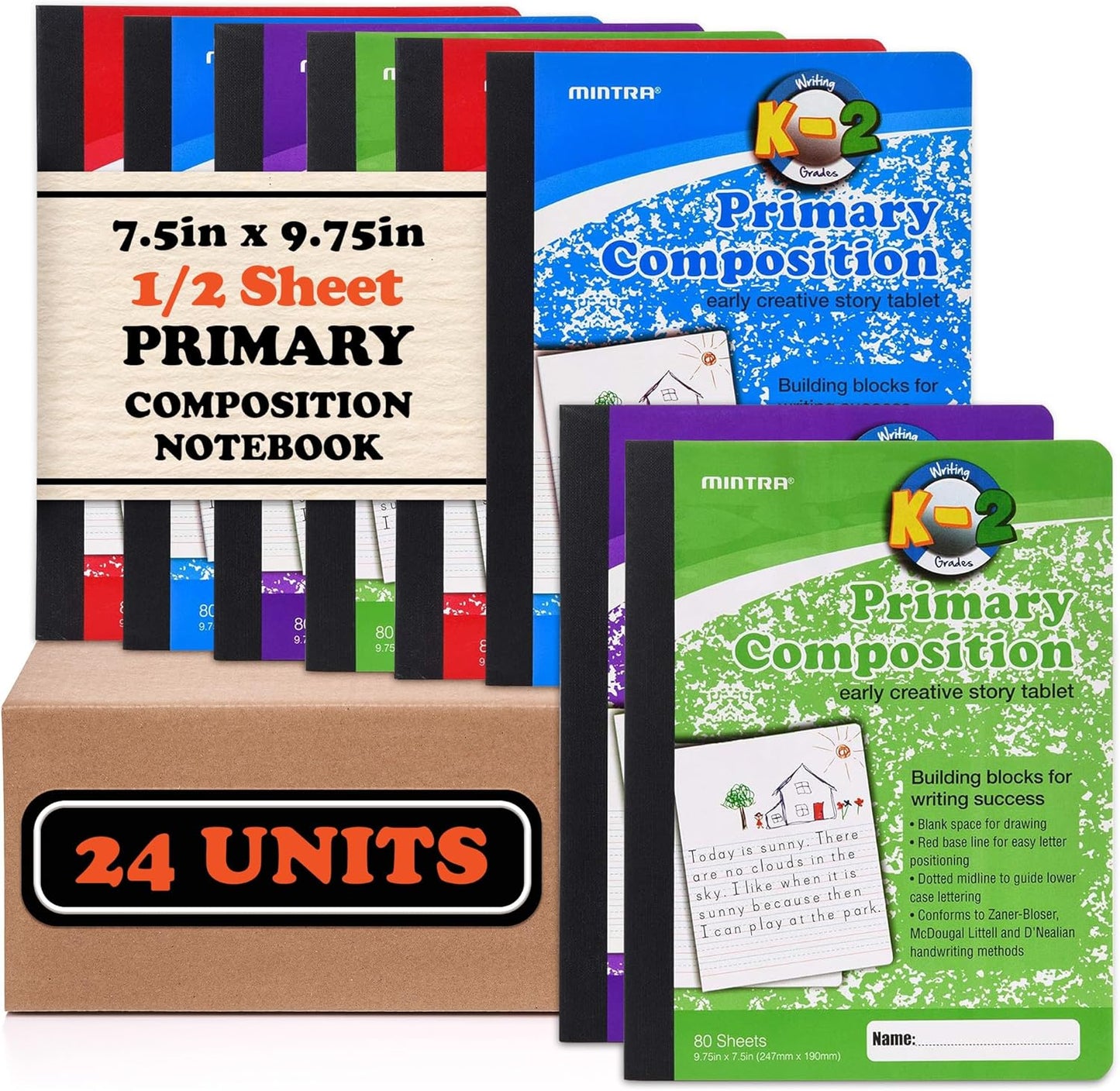 Mintra Primary Composition Notebook, 4 Pack, Assorted Colors 80 Sheets, 7.5in x 9.75in, 1/2 Sheet, Ruled with Drawing Area, Flexible Hardcover Journal, Grades K-2, School & Home Use
