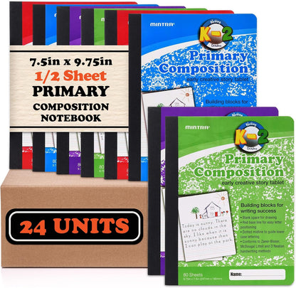 Mintra Primary Composition Notebook, 4 Pack, Assorted Colors 80 Sheets, 7.5in x 9.75in, 1/2 Sheet, Ruled with Drawing Area, Flexible Hardcover Journal, Grades K-2, School & Home Use