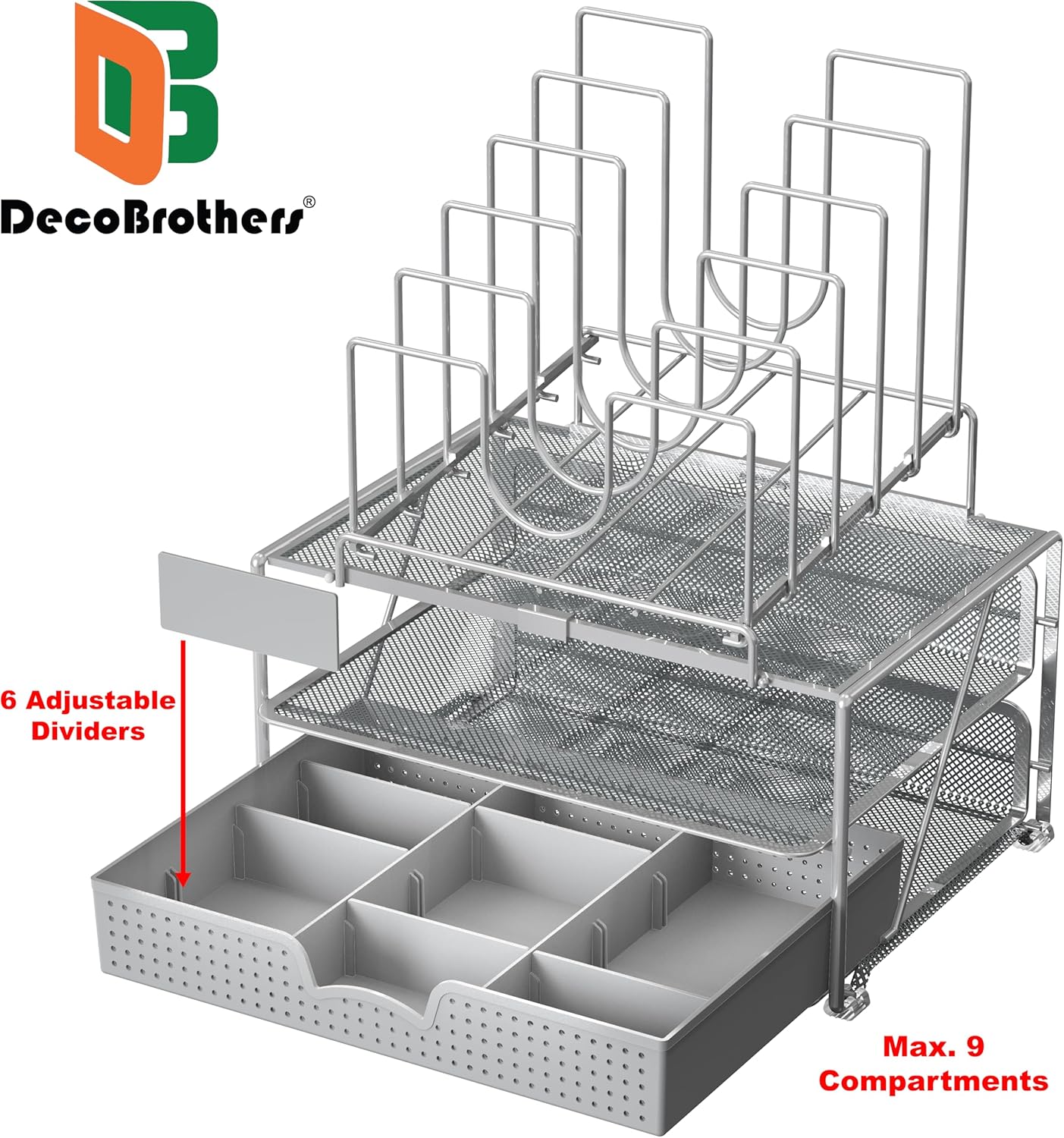 Deco Brothers Desktop File Organizer with Double Tray and 5 Folder Stand, Silver