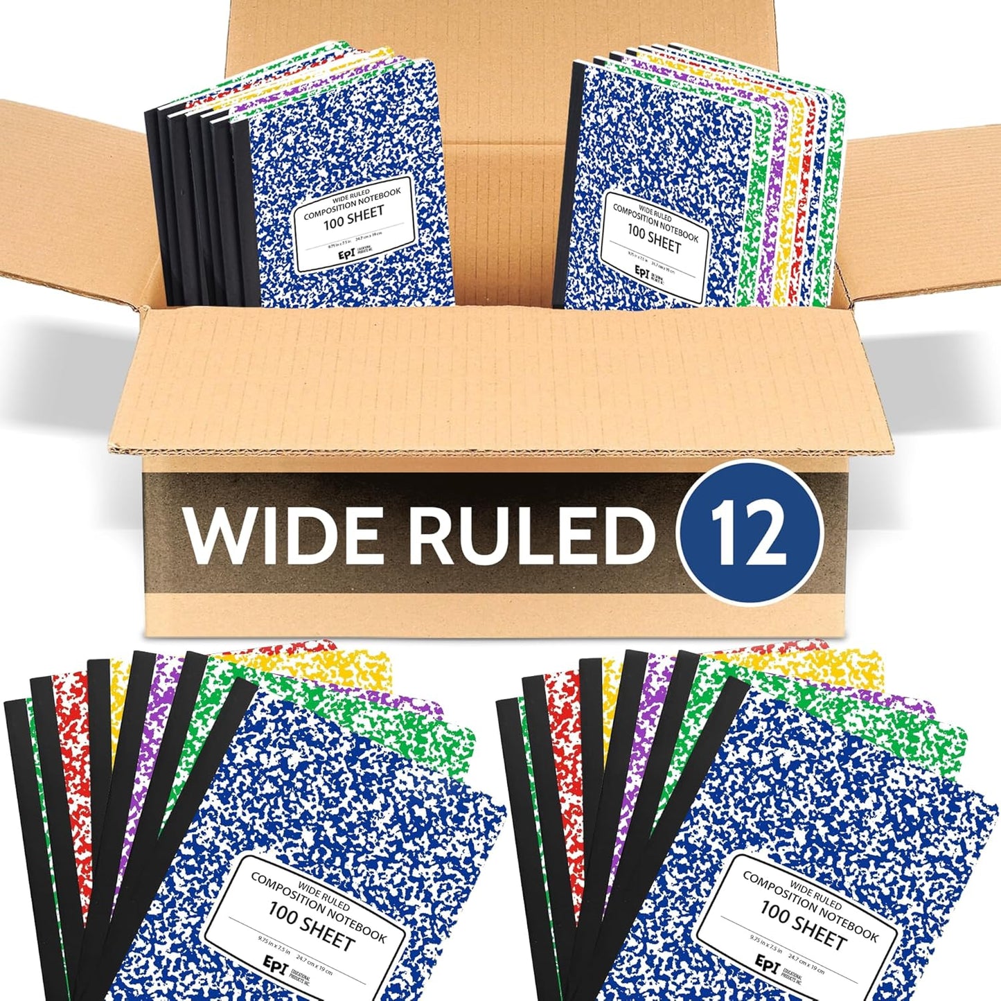 48 Pack - EPI Marble Hardcover Wide Ruled Composition Notebook | 200 Pages (100 Sheets), 9.75 x 7.5 in, Sturdy Sewn Binding | School, Office, Journaling, Notes