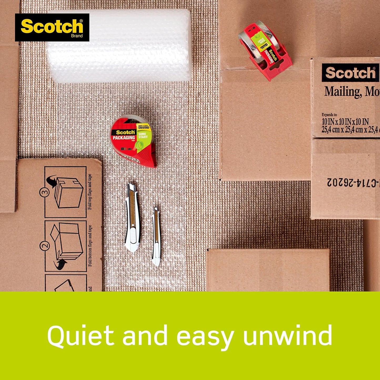 Scotch Sure Start Packing Tape, Clear, Quiet Unwind and Easy Start, Moving Supplies, 1.88 inch x 22.2 Yard, 2 Tape Rolls with Dispensers