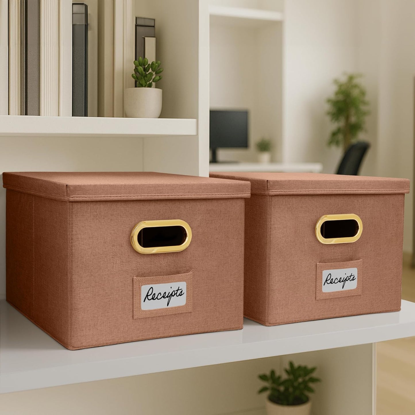 ZICOTO Decorative File Organizer Box Set of 2 - Collapsible Linen Filing Cabinets w/Handles Are Perfect to Store all Your Documents & Hanging File Folders - Portable Easy Slide Crates with Lid