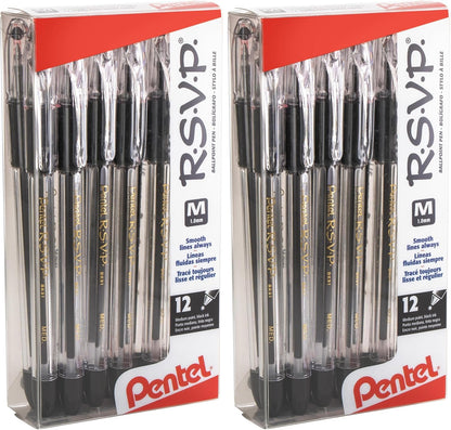 Pentel RSVP Ballpoint Pen, (1.0mm), Medium Line, Black Ink, 12 Pack (BK91PC12A)