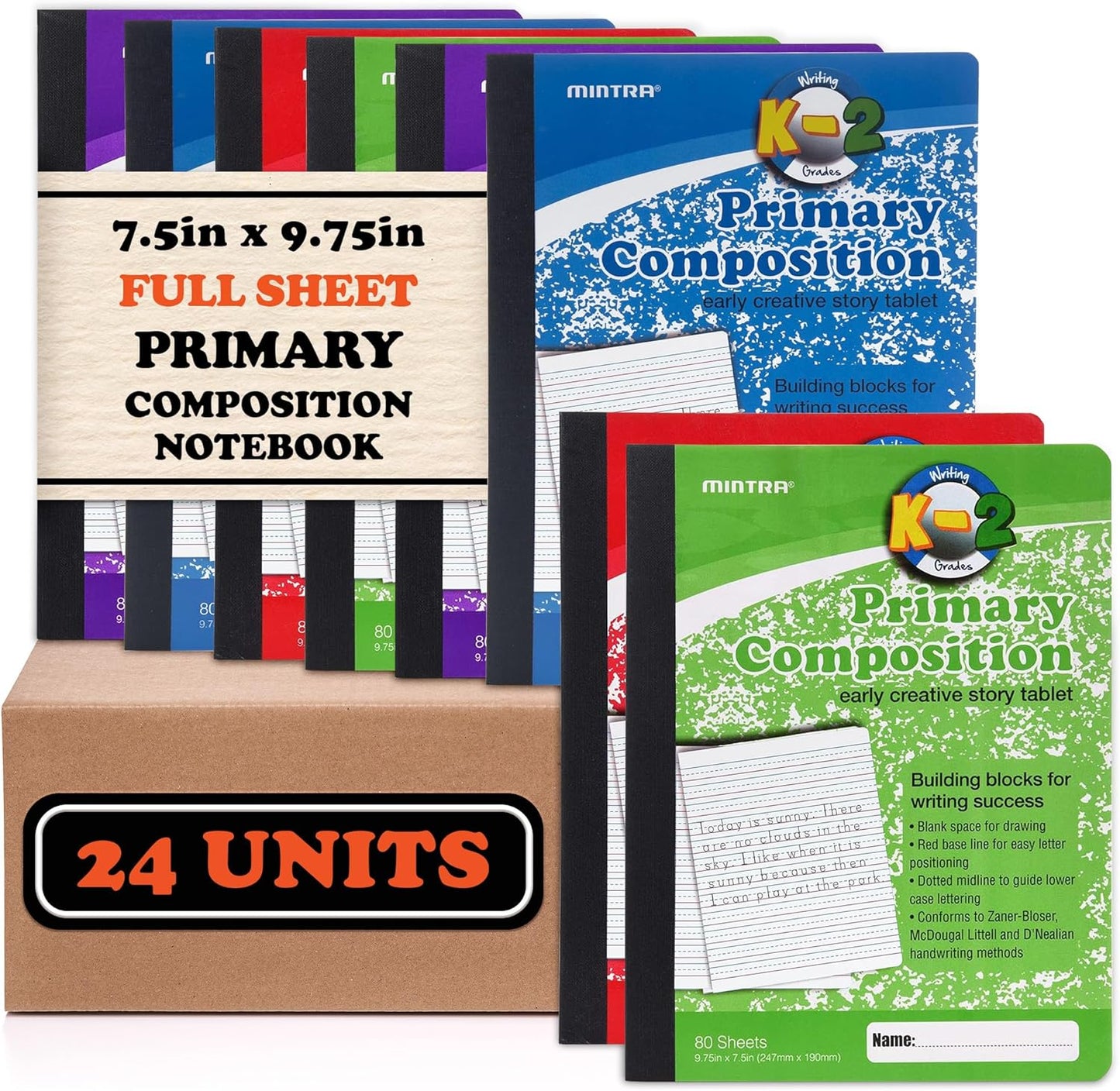 Mintra Primary Composition Notebook, 4 Pack, Assorted Colors 80 Sheets, 7.5in x 9.75in, 1/2 Sheet, Ruled with Drawing Area, Flexible Hardcover Journal, Grades K-2, School & Home Use