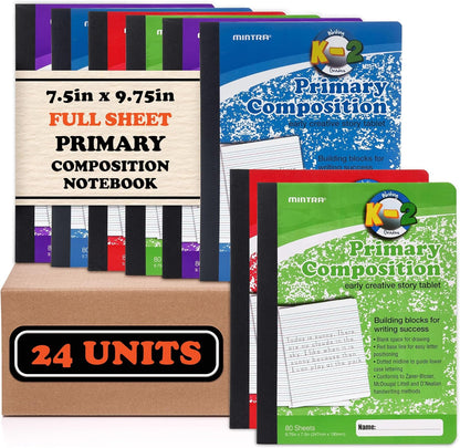 Mintra Primary Composition Notebook, 4 Pack, Assorted Colors 80 Sheets, 7.5in x 9.75in, 1/2 Sheet, Ruled with Drawing Area, Flexible Hardcover Journal, Grades K-2, School & Home Use