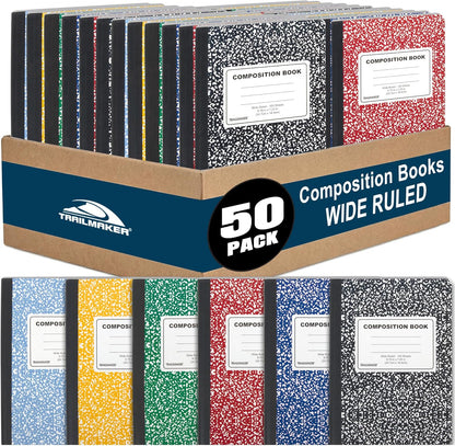 Trail maker Bulk Composition Notebooks Colored (50 Pack), Wide Ruled Marble Cover, 200 Pages (100 Sheets), 9.75 x 7.5, Bulk School Supplies for Classroom, Office & School Donations