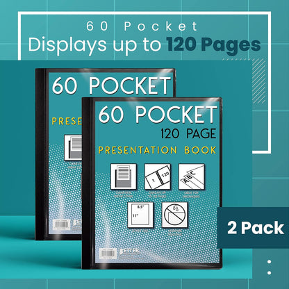 Better Office Products 60 Pocket Bound Black Presentation Book, with Clear View Front Cover, 120 Sheet Protector Pages, 8.5" x 11" Sheets, Art Portfolio, Durable Poly Covers, Letter Size