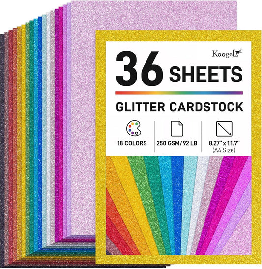 Koogel 36 Sheets Glitter Cardstock, 8.27" x 11.7" (A4 Size) 18 Colors, Heavyweight 250gsm Sparkle Paper for DIY Party Decorations & Scrapbooking, Arts and Crafts, Card Making, 92 lb / 250 GSM