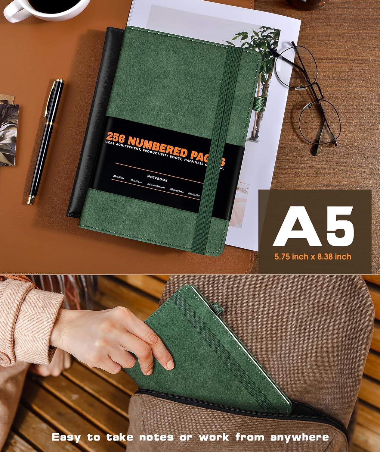 Lined Journal Notebook for Women Men, 256 Numbered Pages Hardcover Leather Journals for Writing, A5 Journaling Notebooks, College Ruled Journal for Business Work School Note Taking 5.75" x 8.38" Brown