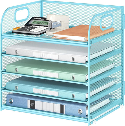 Lavatino 5 Tray Desk File Organizer, Black Mesh Paper Sorter Letter Tray Organizer with Handle, Desktop File Organizer and Storage for Letter/A4 Office File Folder