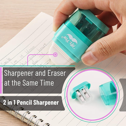 Mr. Pen- Pencil Sharpener & Eraser, 4 Pack, 2-in-1 Manual Sharpeners with Canister, 2 Sharpening Holes for Standard & Jumbo Pencils, Colorful Dual Hole Design for School, Office, Home, Kids