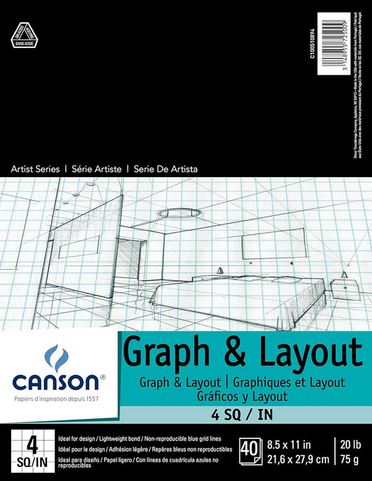 Canson Artist Series Graph and Layout Paper, 8 by 8 Blue Grid, Foldover Pad, 8.5x11 inches, 40 Sheets (20lb/75g) - Artist Paper for Adults and Students - Colored Pencil, Marker, Ink, Pen