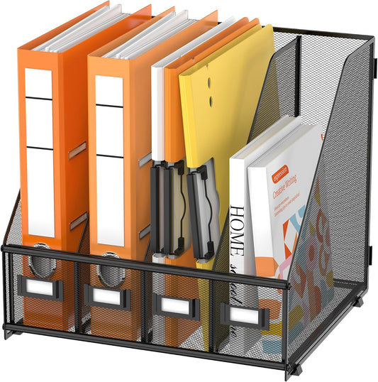 DALTACK 4 Vertical Compartments Magazine File Holder, Binder Organizer, Metal Desk Organizers for Office Home School Classroom Organization, Black