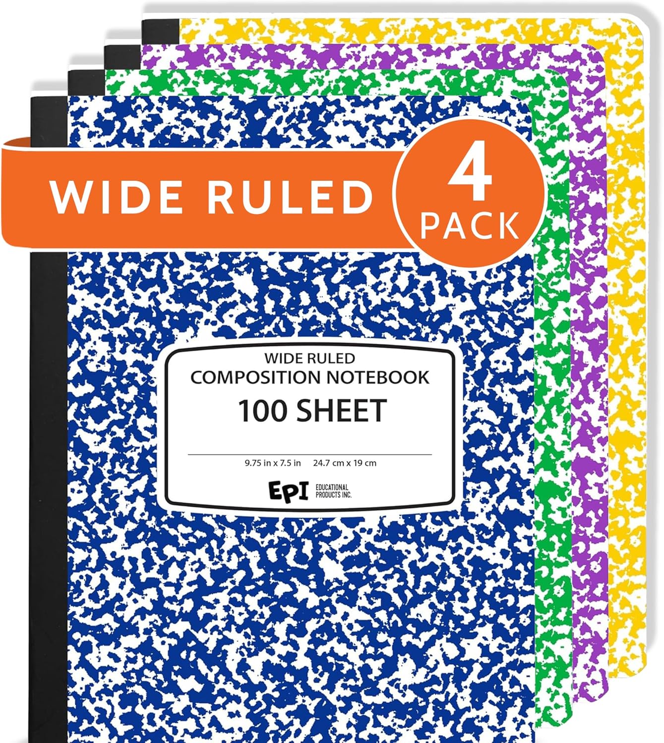 48 Pack - EPI Marble Hardcover Wide Ruled Composition Notebook | 200 Pages (100 Sheets), 9.75 x 7.5 in, Sturdy Sewn Binding | School, Office, Journaling, Notes