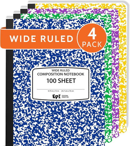 48 Pack - EPI Marble Hardcover Wide Ruled Composition Notebook | 200 Pages (100 Sheets), 9.75 x 7.5 in, Sturdy Sewn Binding | School, Office, Journaling, Notes