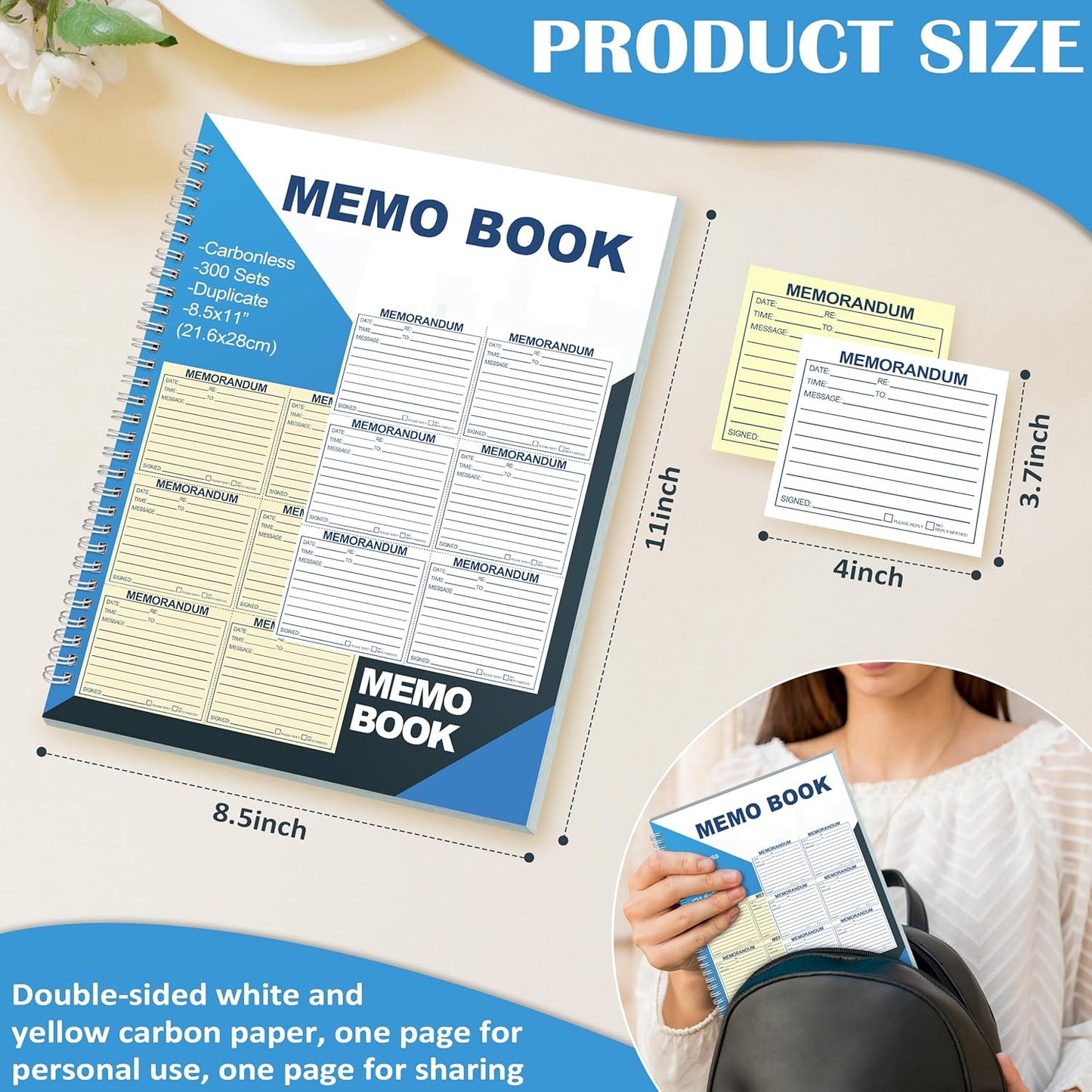 Memorandum Forms Book 300 Sets Carbonless 2 Part Duplicate Memo Pads 8.5x11 Inches Phone Message Book Spiral Bound With Tear Off Line And Writing Board Backing Suitable For Office Or School(1, Blue)