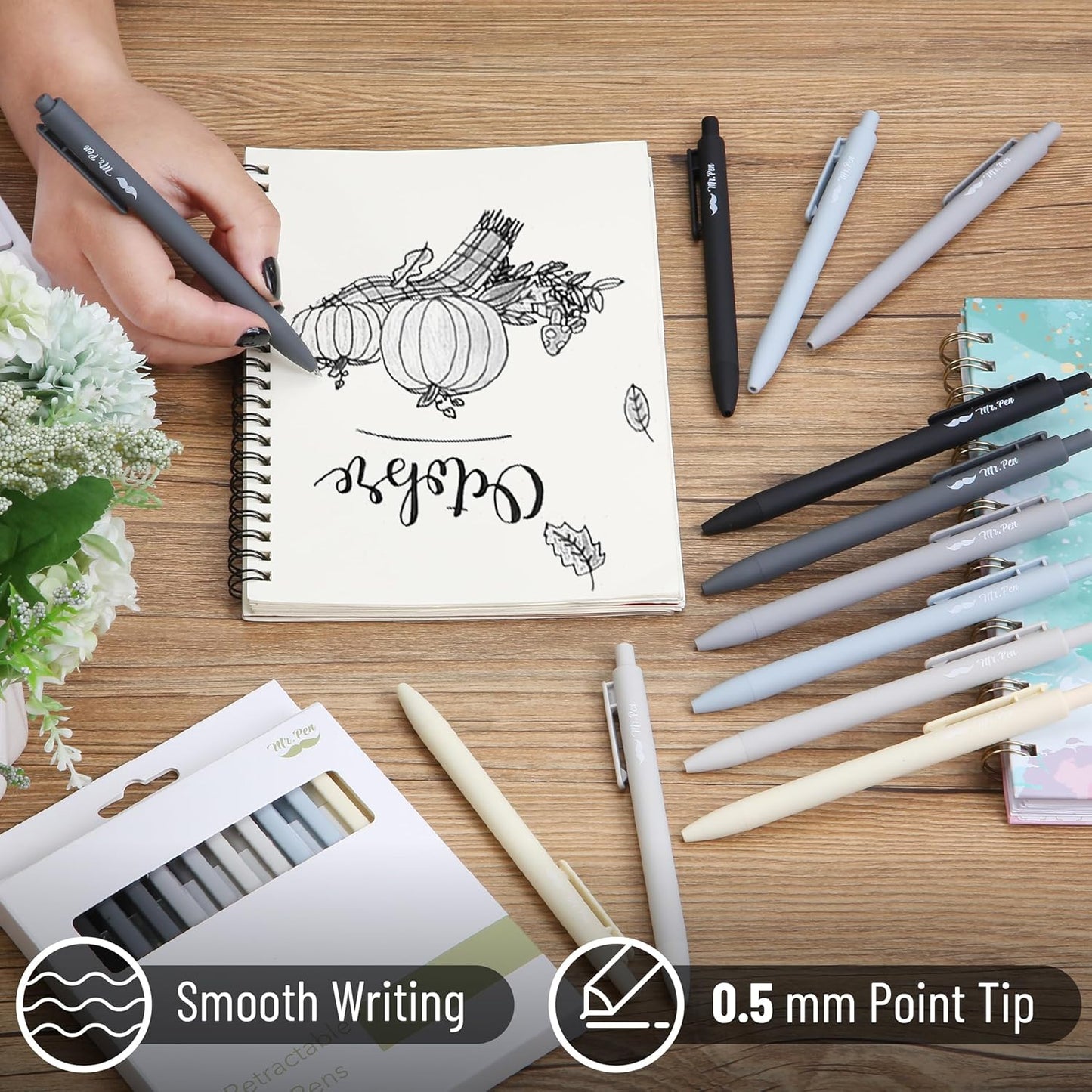 Mr. Pen- Retractable Gel Pens, 12 Pack, Colorful Ink, Fine Point 0.7mm, Fast Dry, Smooth Writing, Cute Pens for Drawing, Writing Planner and School Supplies