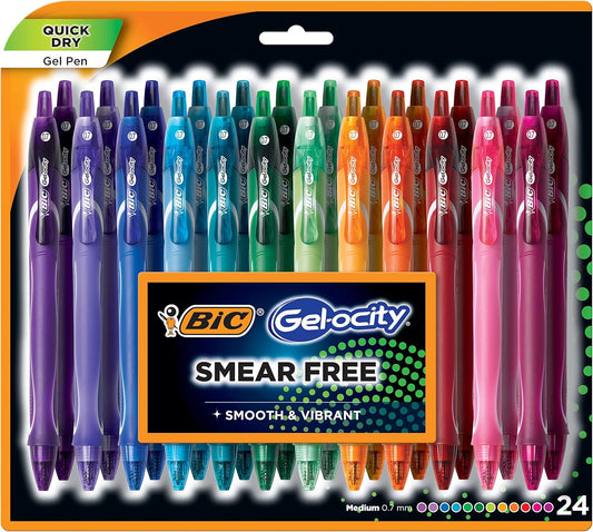 BIC Gelocity Quick Dry Gel Pen with Fast Drying Ink and Comfortable Grip, Assorted colors, 0.7 mm Medium Point, 24 Pack