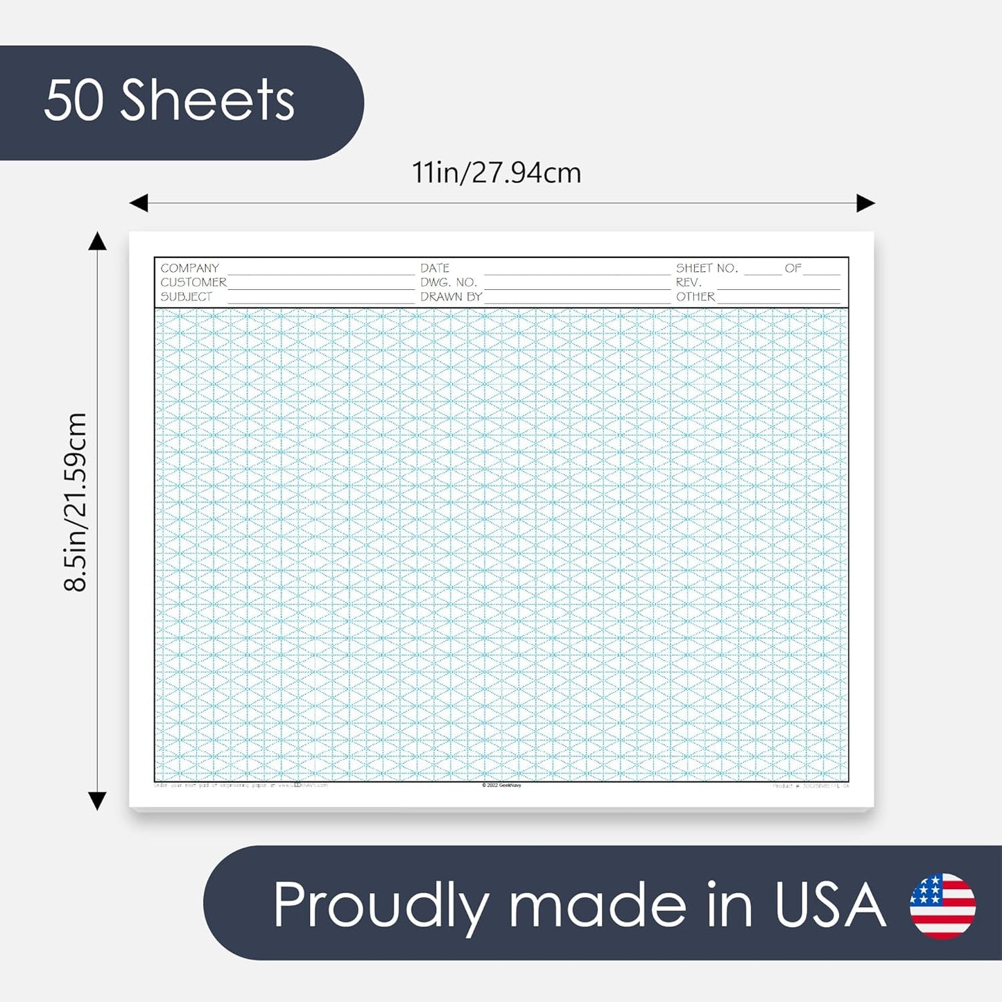 GeekNavy 8.5" x 11" Isometric Graph Paper 50 Sheets Portrait - 0.25" Grid, Non-photo Blue, High Brightness, Drafting, Engineering, Art, 3D Design (1-Pack)
