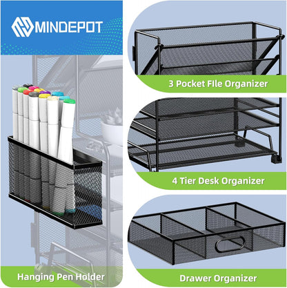 MINDEPOT 4-Tier Paper Organizer + 3-Pocket File Holder + Drawer + Pen Holders, Desktop File Organizers Paper Tray for Office Supplies School Classroom Organization (Black, No Drawer & Pen Holder)