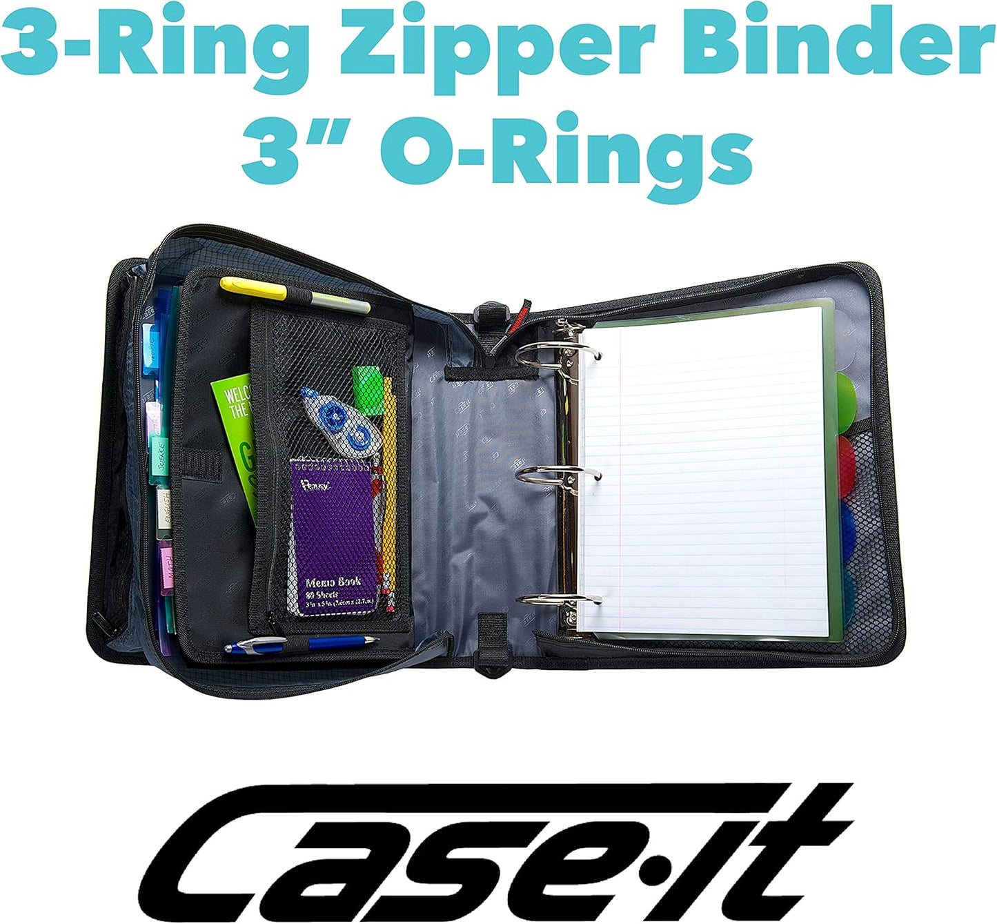 Case-it Mighty Zip Tab School Zipper Binder | 3-Inch O-Rings, 600-Sheet Capacity, 5-Subject Expanding File Folder, Multiple Pockets & Storage Organizer, Shoulder Strap | D-146 Jet Black