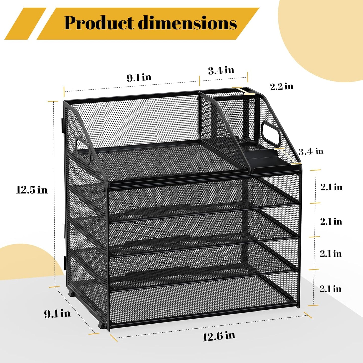 Letter Tray Paper, 4 Tier Desk Organizer with Pen Holder and Handle Mesh File Organizer Paper Sorter Metal Desktop Document Shelf for Office Home Classroom -Black