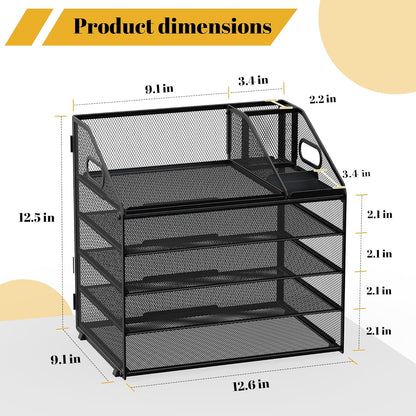 Letter Tray Paper, 4 Tier Desk Organizer with Pen Holder and Handle Mesh File Organizer Paper Sorter Metal Desktop Document Shelf for Office Home Classroom -Black