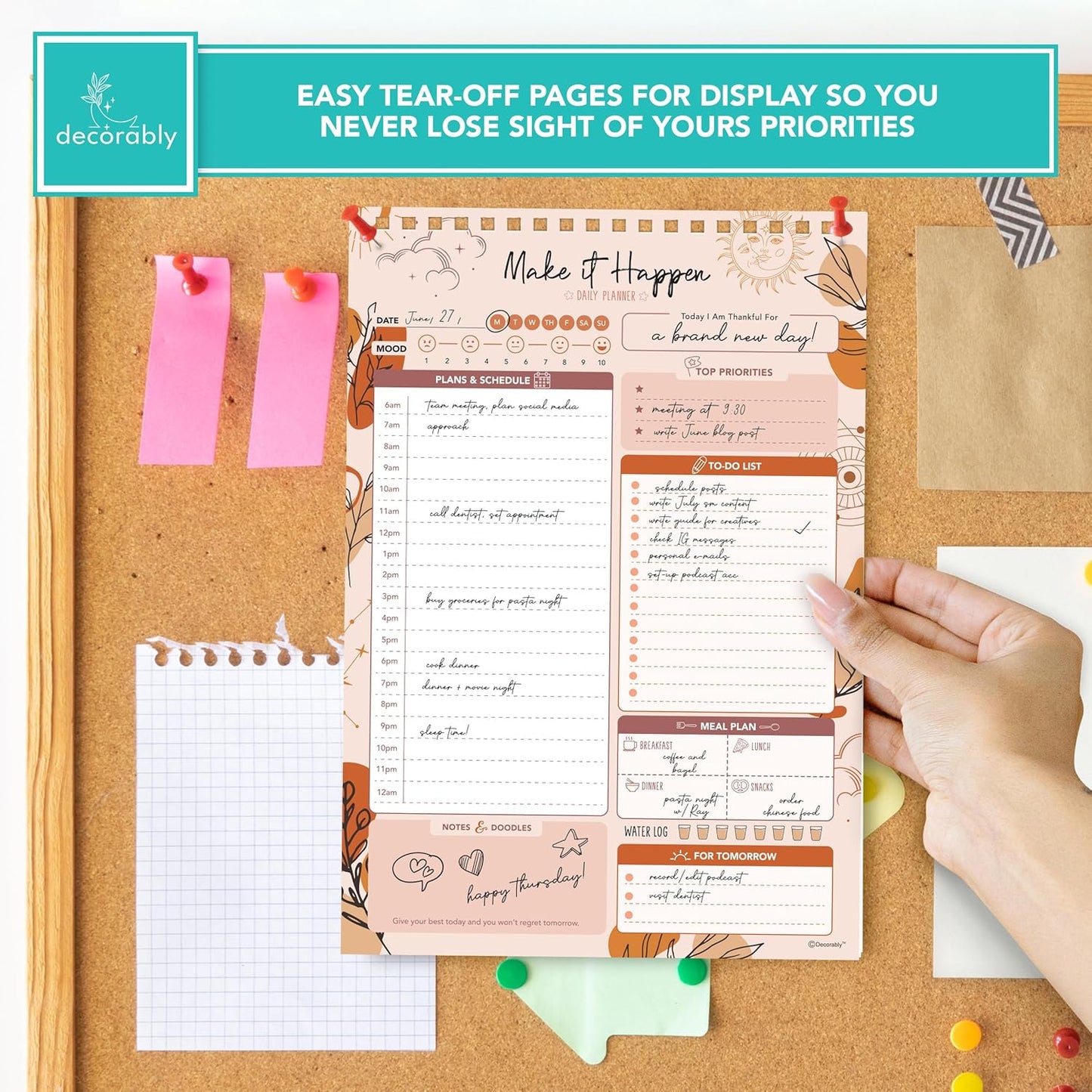Decorably 52 Sheets Boho Celestial Undated Daily to Do List Notepad - 6.5x10" Spring-Bound Planner, Easy Tear-Off, for Schedule, Priorities, Agenda, Water Intake, Meals, Notes & Doodles - Home, Office
