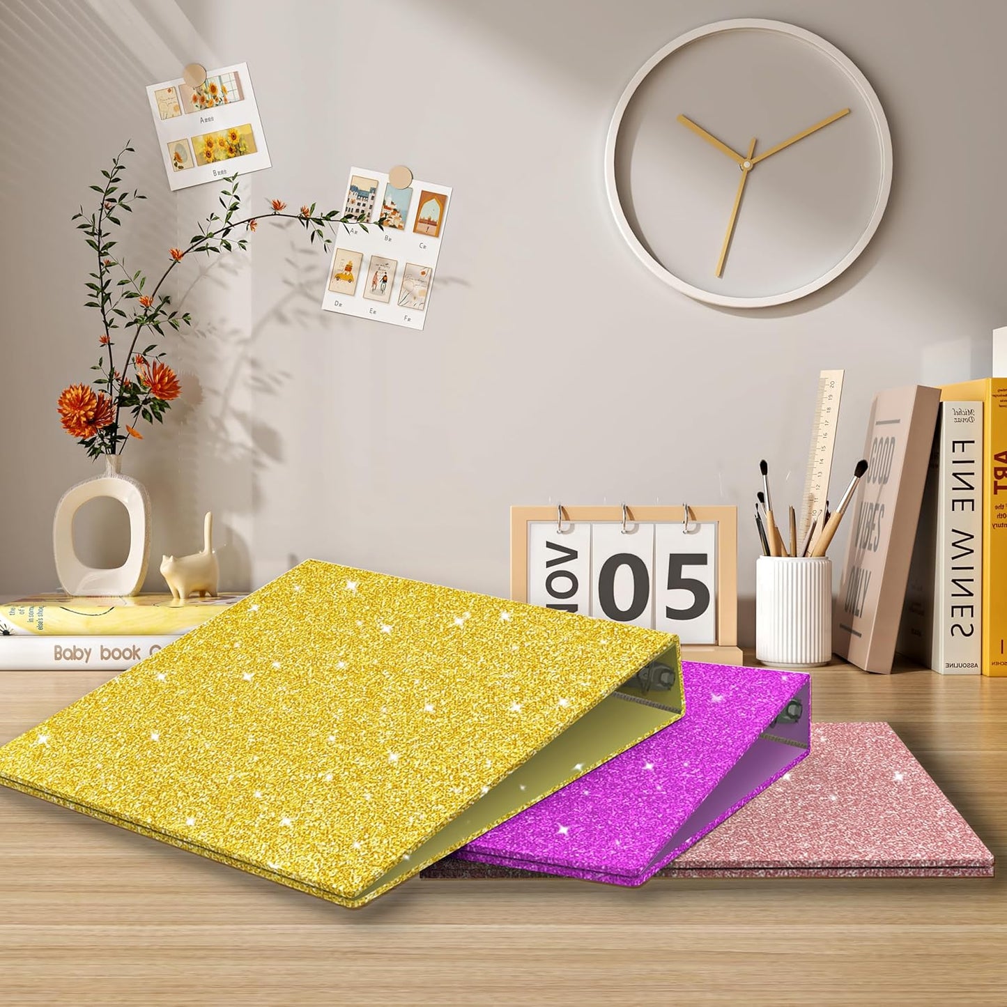 3 Ring Binder, Glitter 1 inch Binder Organizer, 8.5" x 11" Letter Size, Waterproof Fashion View Binders, Cute Binder for Office School Supplies (Pink)