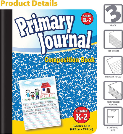 Better Office Products Primary Journal, Hardcover, Primary Composition Book Notebook - Grades K-2, 100 Sheet, One Subject, primary composition notebook with picture space
