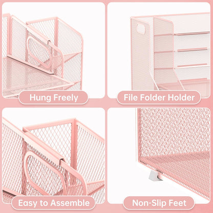 SUPEASY Desk Organizer with File Holder, 5-Tier Mesh Paper Letter Tray Organizer with Pen Holder and Drawer, Desktop Organizer and Storage with 3 Tilted File Sorter for Office Supplies, Blue
