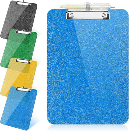 SFLHHDM 1 Pcs Clear Glitter Clipboards, Plastic Clipboard with Pen Holder, Size 8.85 x 12.4 in Shiny Clipboards with Low Profile Clip, Cute Hanging Clipboard for Office School Sparkly Clip Board-Pink