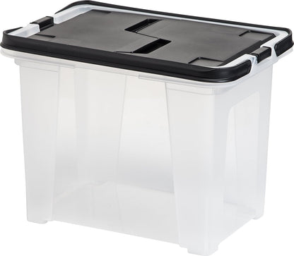 IRIS USA File Box with Lid File Organizer for Letter File w/Organizer-Lid, Plastic Mobile Filing Organizer, Water Resistant Document Box, Portable File Box with Handle, Secure Buckle, Lockable, Black