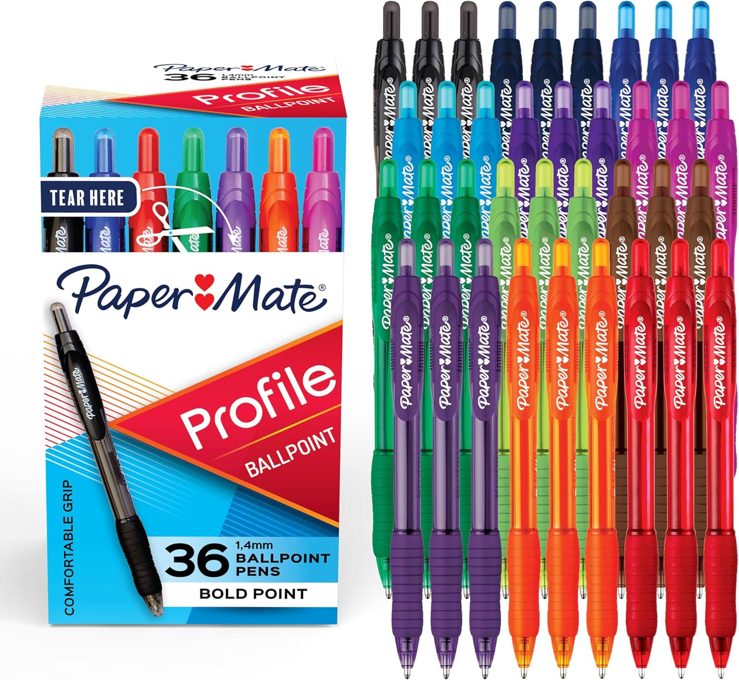 Paper Mate Profile Ballpoint Pens, Retractable, Medium Point (1.0mm), Blue Ink, 36 Count - Comfort Grip, Bulk Pack, Home, Office, Teacher Supplies