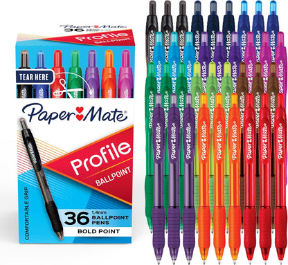 Paper Mate Profile Ballpoint Pens, Retractable, Medium Point (1.0mm), Blue Ink, 36 Count - Comfort Grip, Bulk Pack, Home, Office, Teacher Supplies