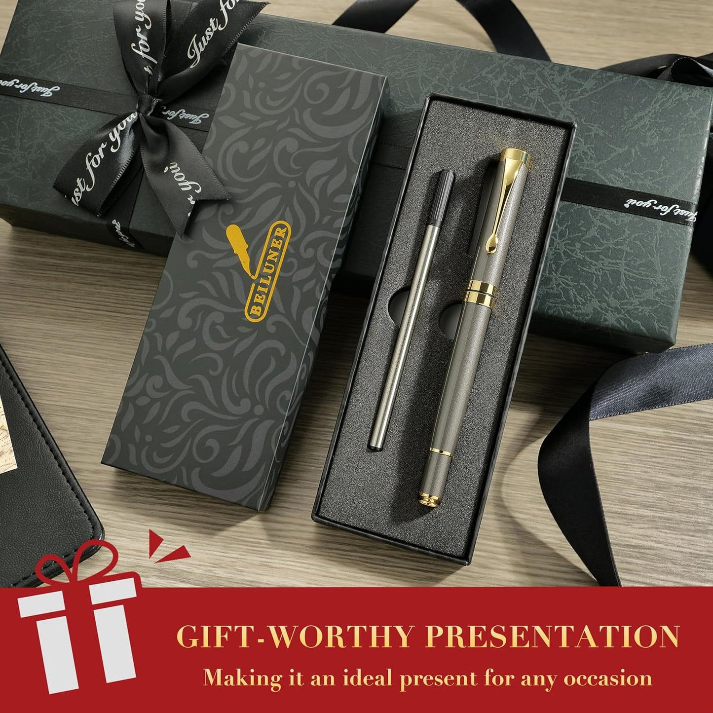 BEILUNER Ballpoint Pens, Stunning Black Chrome Metal Pen with Golden Trim, Best Ball Pen Gift Set for Men & Women, Professional, Executive, Office, Nice Pens-Gift Box with 0.5mm Black Extra Refill