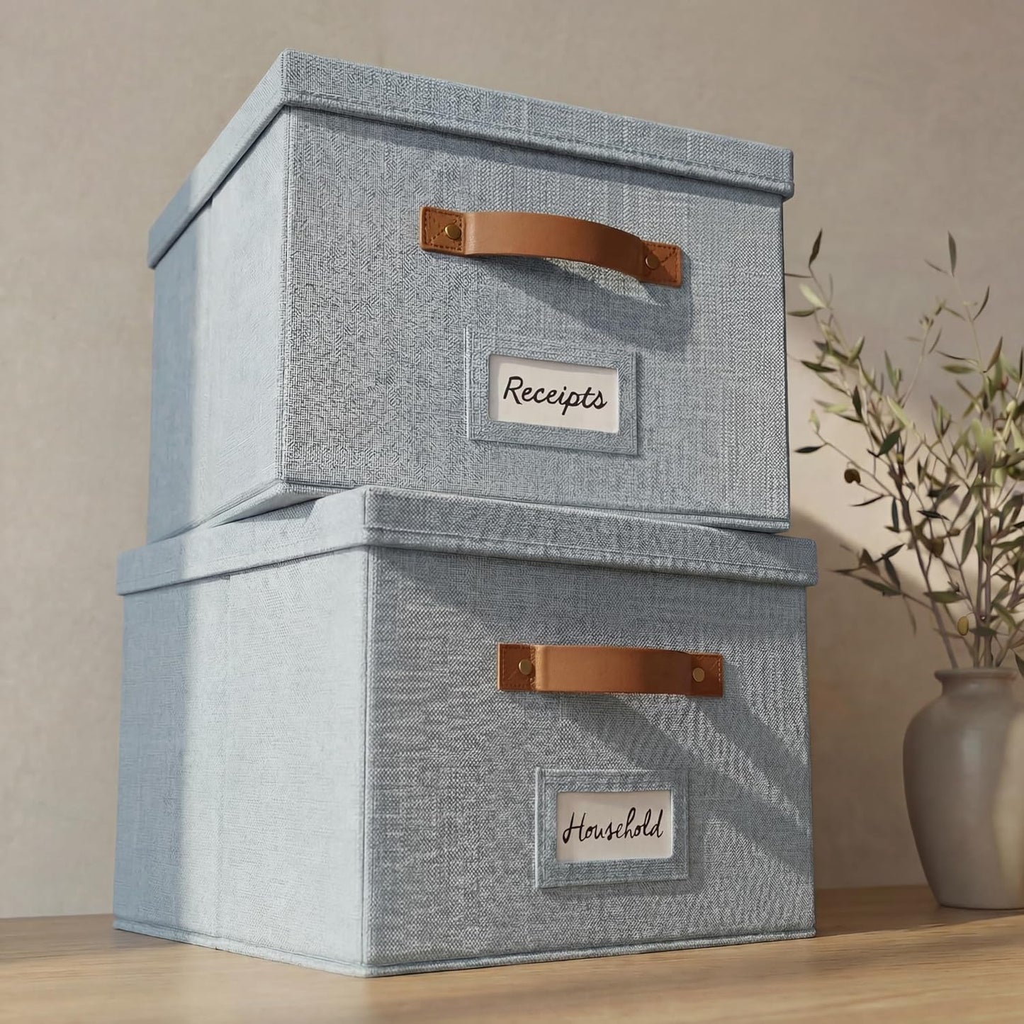 ZICOTO Decorative File Organizer Box Set of 2 - Collapsible Linen Filing Cabinets with Handles Are Perfect to Store All Your Documents & Hanging File Folders - Portable Easy Slide Crates with Lid