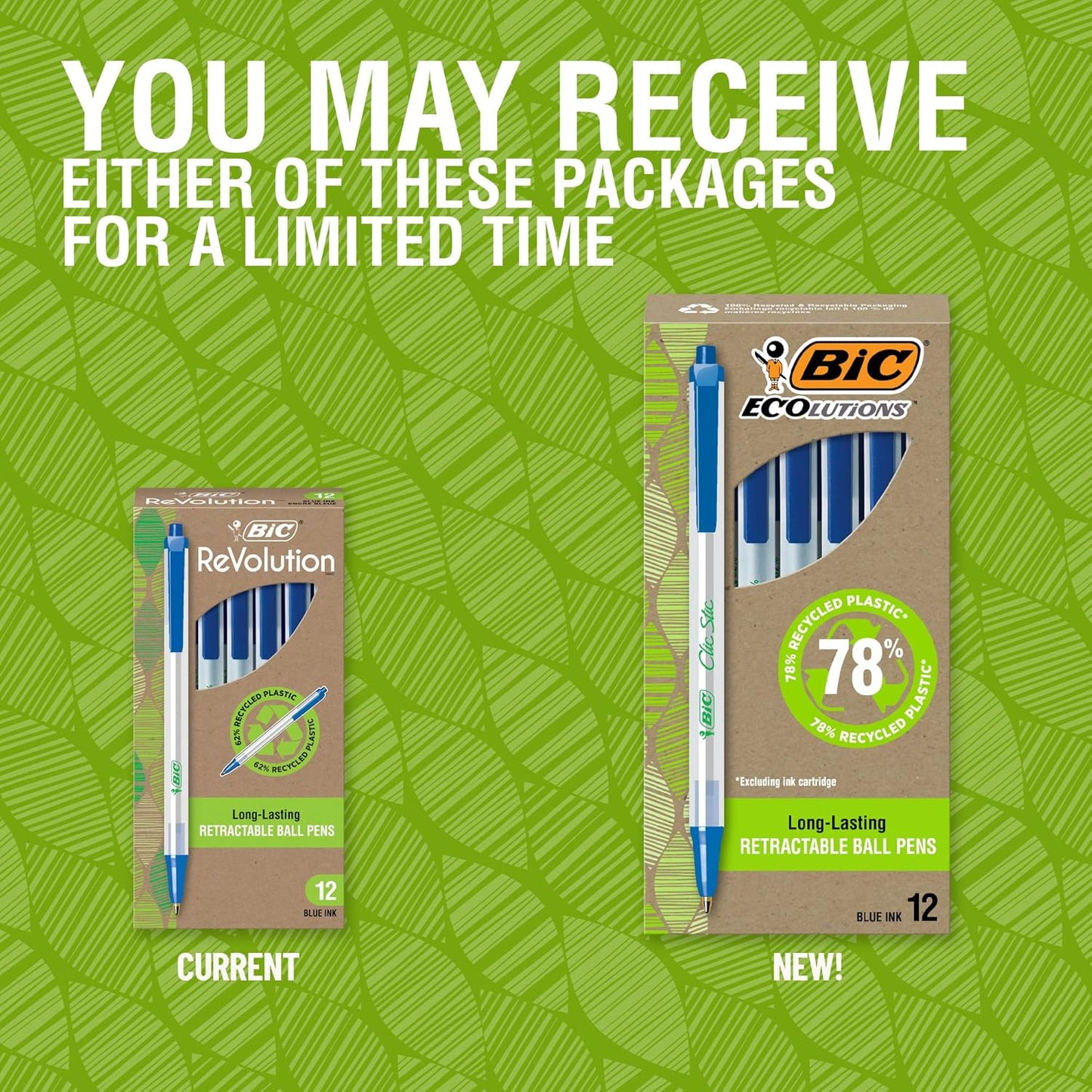 BIC Ecolutions Clic Stic Blue Ballpoint Pens, Medium Point (1.0mm), 48-Count Pack, Retractable Ball Point Pens Made from 78% Recycled Plastic