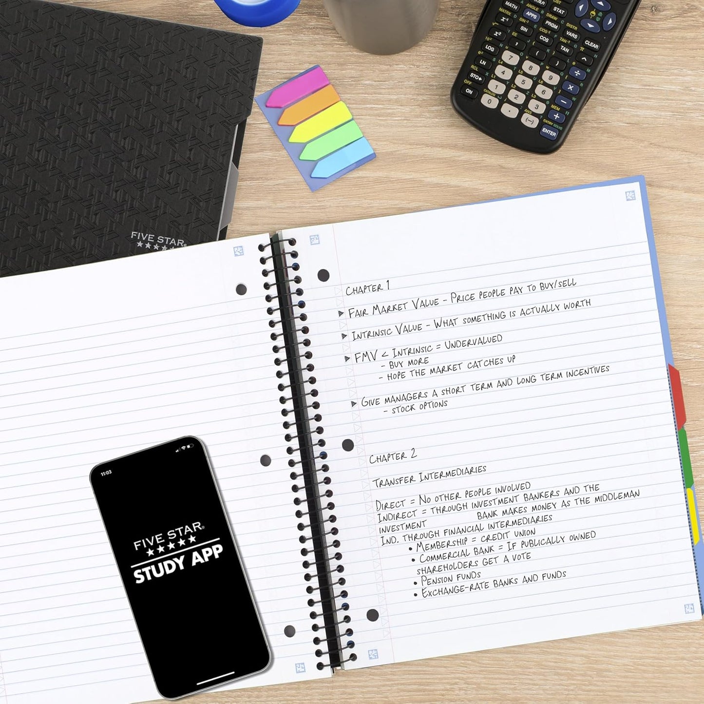 Five Star Advance Spiral Notebook + Study App, 5 Subject, College Ruled Paper, 8-1/2" x 11", 200 Sheets, Spiral Guard, Movable Tabbed Dividers, Black (73144)