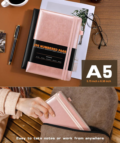 Lined Journal Notebook for Women Men, 256 Numbered Pages Hardcover Leather Journals for Writing, A5 Journaling Notebooks, College Ruled Journal for Business Work School Note Taking 5.75" x 8.38" Brown