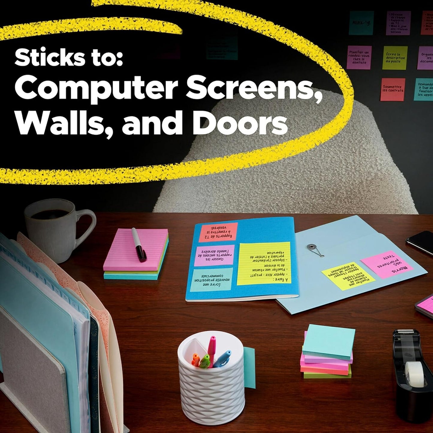 Post-it Super Sticky Lined Notes, 4 Sticky Note Pads, 8 x 6 in., School Supplies, Office Products, Sticky Notes for Vertical Surfaces, Monitors, Walls and Windows, Energy Boost Collection