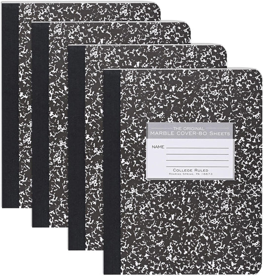 Roaring Spring Hard Cover Composition Notebook, 4 Pack, Assorted Colors Marble Comp Book, 9.75″ x 7.5″, Wide-Ruled with Margin, 100 Sheets (200 Pages)