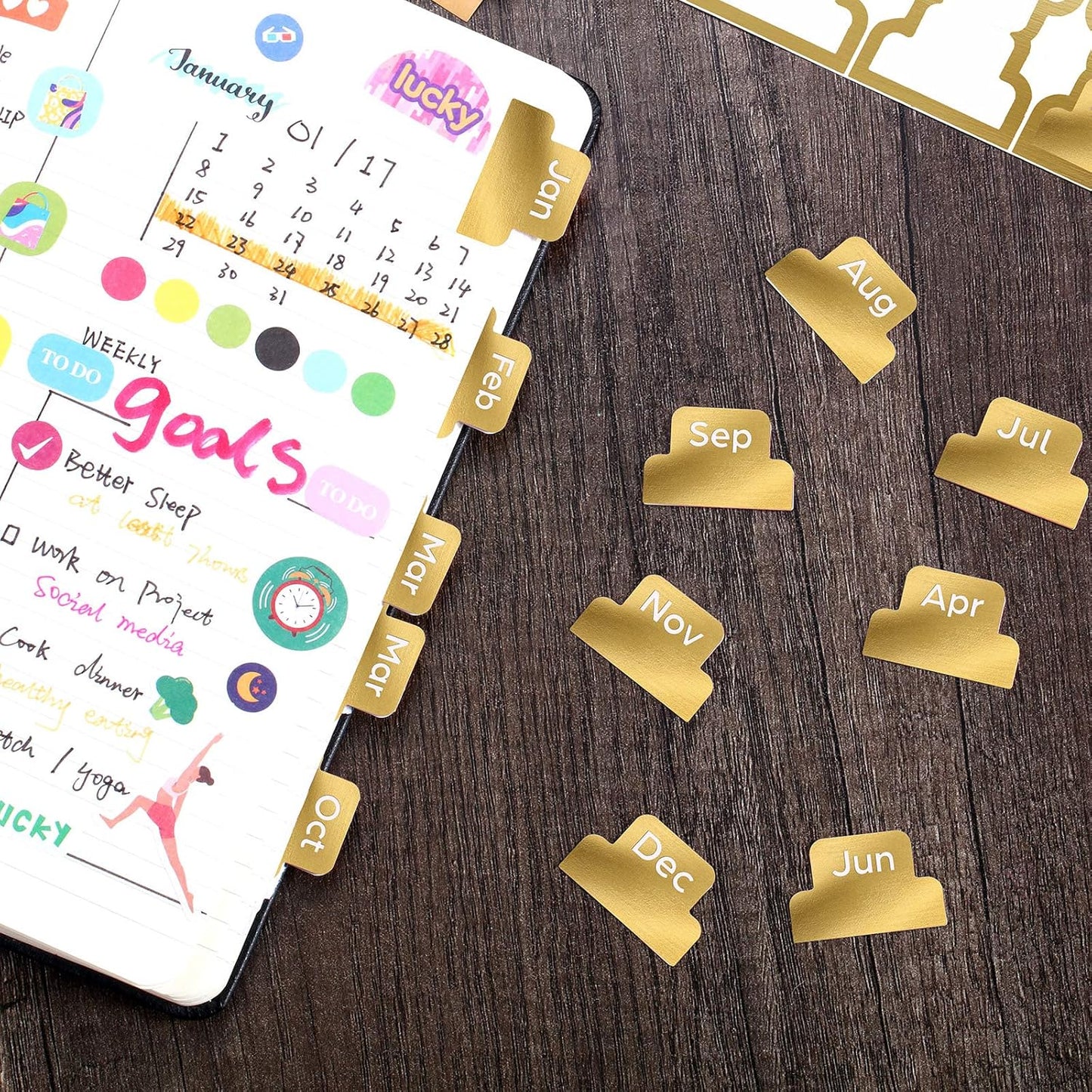 Outus 24 Pieces Monthly Adhesive Tabs for Planner - Designer Accessories Monthly Tabs Stickers Decorative for Office Planners Organizations Sturdy Notebook Planners Journal(Black)