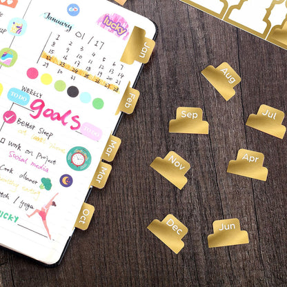 Outus 24 Pieces Monthly Adhesive Tabs for Planner - Designer Accessories Monthly Tabs Stickers Decorative for Office Planners Organizations Sturdy Notebook Planners Journal(Black)