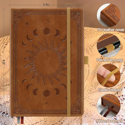 Journal Notebook for Women/Men, Daily for Classic Lined Writing,360 Pages Leather Hardcover with Vintage Sun & Moon Design, SeaGreen, A5 (14.5 x 21 cm)